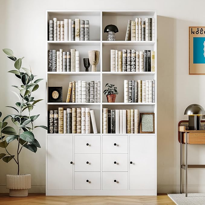 IRONCK 78.7" Bookcase with 6 Drawers, 6 Tier Large Bookshelf with 2 Doors, Large Bookcase with Adjustable Shelves, Tall Storage Cabinet for Home Office, Living Room, White