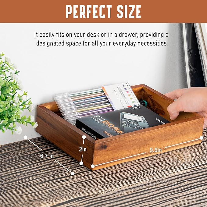 Demigo Acacia Wood Desk Organizer Tray - 9.5x6.7x2 Inch Letter & Stationery Holder for Office, Entryway, Desktop - Natural Wood Catchall for Pens, Mail, Keys