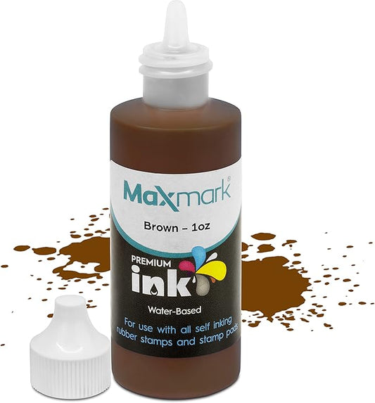 MaxMark Premium Refill Ink for self Inking Stamps and Stamp Pads, Brown Color - 1 oz.