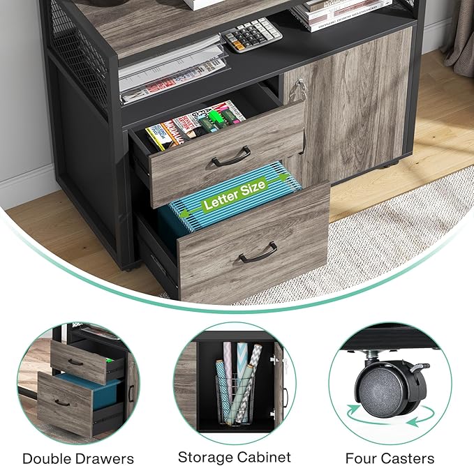 Tribesigns L Shaped Desk with Drawer Cabinet, 63" Executive Computer Desk and lateral File Cabinet, 2 Piece Home Office Furniture with Drawers for Hanging File, Doors with Locks (Gray, 63 inches)