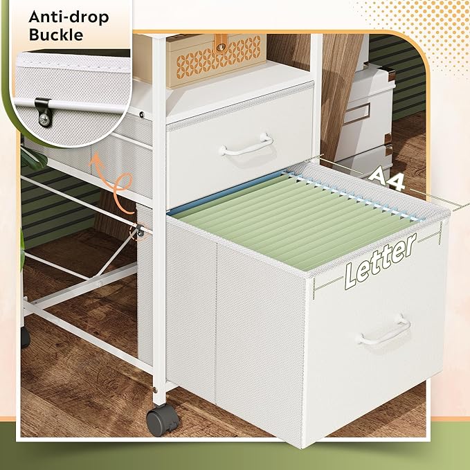 DEVAISE 2 Drawer Fabric Vertical Filing Cabinet, Rolling Printer Stand, White