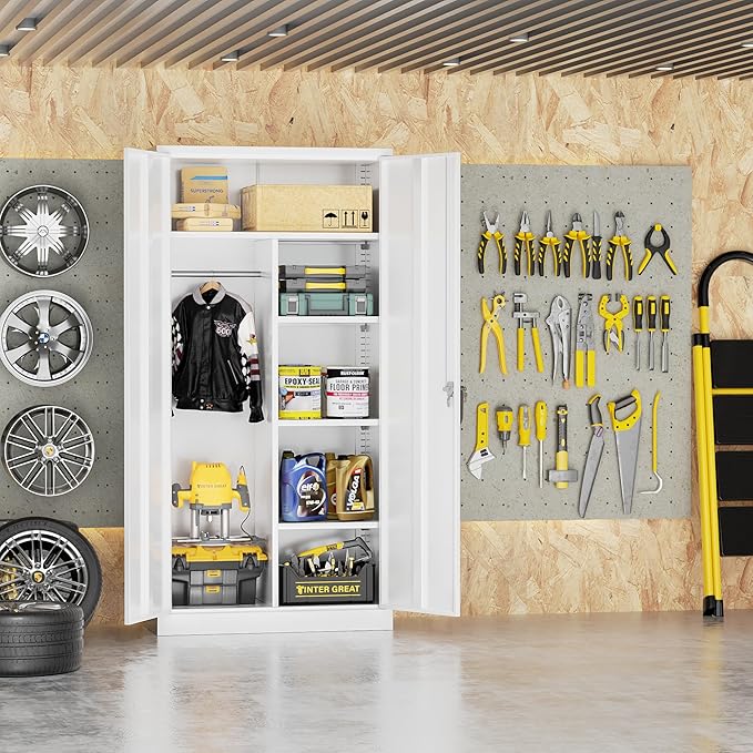 INTERGREAT Metal Storage Cabinet with Lock,White Armoire Wardrobe Closet with Lockable Doors,72" H Storage Closet Cabinets for Home,School,Office,Bedroom