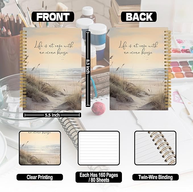 Ocean Mental Health Spiral Notebook, Coastal Relax Inspirational Journaling Notebooks for Counselling Therapy Office School, Beach Positive Hardcover Journals for Women 160 Pages 5.5 x 8.3 Inch