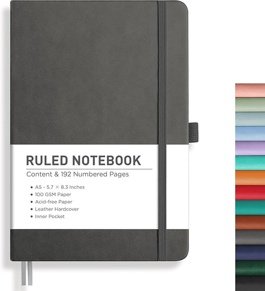 RETTACY Lined Journal Notebook, 192 Numbered Pages, A5 Medium Size (5.7'' x 8.3''), for Men & Women, Journaling, Writing, Work & Office, Leather Hardcover, 100 GSM Thick Paper (Gray)