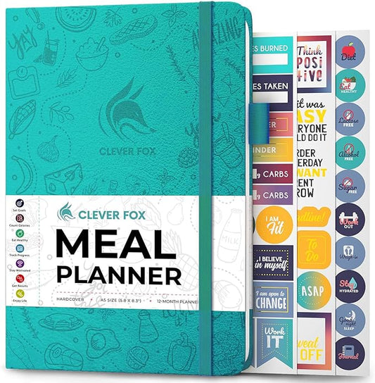 Clever Fox Weekly Meal Planner - Weekly & Daily Meal Prep Journal with Shopping and Grocery Lists for Menu Planning, Healthy Diet & Weight Loss Tracking, Lasts 1 Year, Undated, A5 - Aquamarine