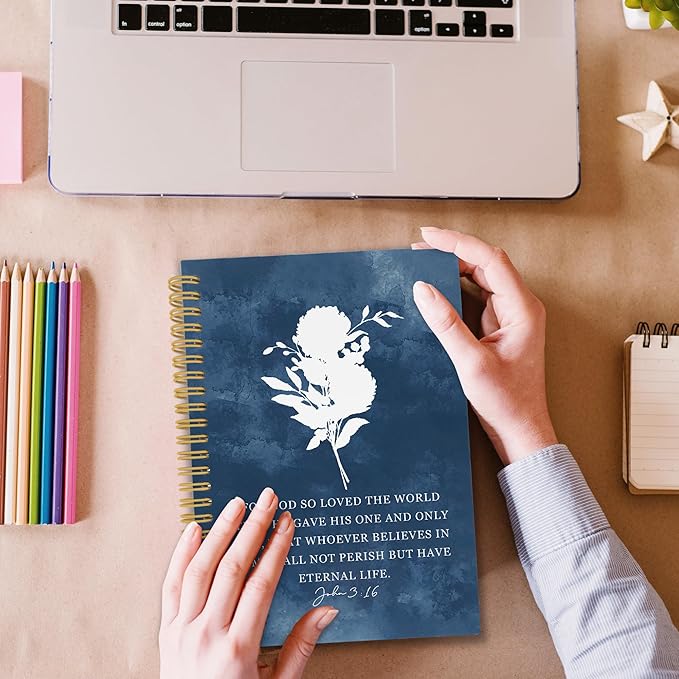 XPH Blue Christian Spiral Notebook, John 3:16 Bible Verse Journaling Notebooks for Women, Floral Religious Hardcover Journals for Writing 160 Pages 5.5 x 8.3 Inch, Christian Gifts for Women