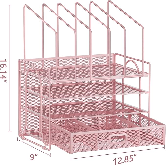 Marbrasse Desk Organizers, 4-Tier Mesh Desk File Organizer with 5 Vertical File Holders and 2 Pen Holders, Multifunction Desktop Organizer,Desk Organizers and Accessories for Home Office (Pink)