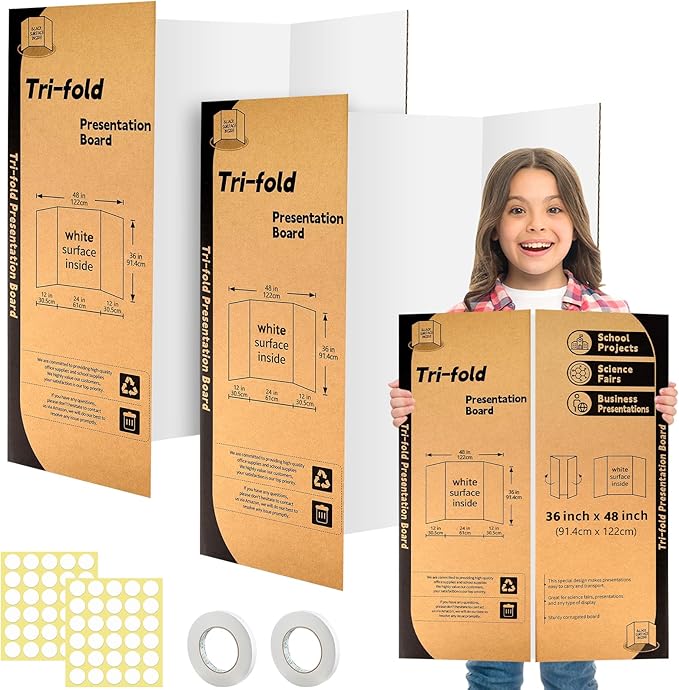 2 Pack Trifold Poster Board 48" X 36", IKAYAS Single sided White Poster Boards, Science Fair Display Boards Posterboard Foamboard for Mounting, Prints, Art, Display,Projects Classroom Supplies