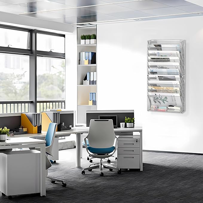 EasyPAG 11 Tier Wall File Holder with Flat Tray, Silver | Easy Assemble Mesh Desk File Organizer | 10-Folder Paper Storage | Replaceable Classify Labels | Space Saving Mail Organizer for Office Home