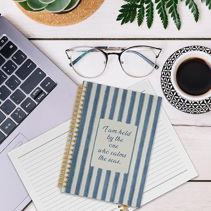 XPH Coastal Christian Spiral Notebook, Bible Verse Journaling Notebooks for Prayer, Blue Striped Religious Hardcover Journal for Writing 160 Pages 5.5 x 8.3 Inch, Christian Gifts for Women Men