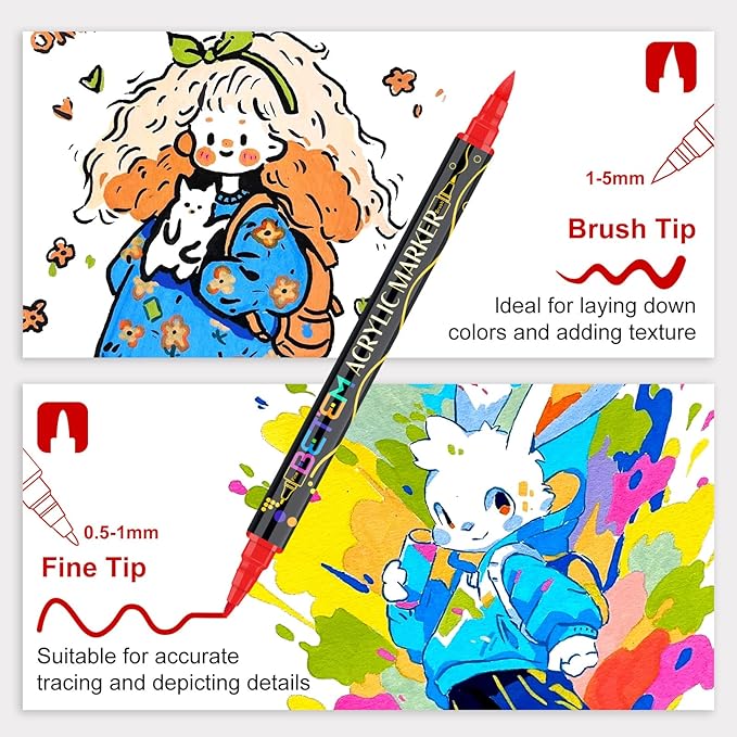 Betem Paint Markers Acrylic Paint Pens, Dual Tip 48 Colors Acrylic Markers with Brush Tip and Fine Point, Art Supplies for Wood, Canvas, Stone, Glass, Rock Painting Kit DIY Crafts Drawing Kit with Bag