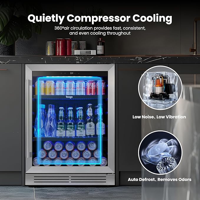Yeego Beverage Refrigerator Cooler - 24 inch 180 Cans Mini Fridge with Glass Door, 34-54 ℉ Under Counter Refrigerator Built-in for Wine Beer Soda for Bar Bedroom Office
