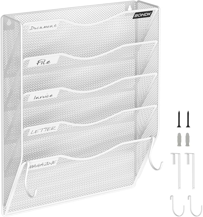 Wall File Organizer, 5 Tire Hanging File Folder Organizer, Vertical Mesh Metal Door/Wall Mount Hanging File Holder, Paper Document Magazine Rack with Hooks for Home Office White