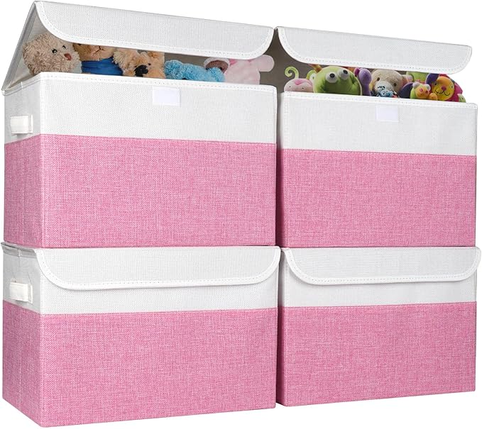 Large 22 Quart Linen Fabric Foldable Storage Bin Cube Organizer Basket with Flip-Top Lid & Handles, Clothes Blanket Box for Home, Office, Closet, Pink & White, 4 Pack 14.6 x 9.5 x 9.5