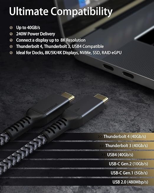 Maxonar 10FT Thunderbolt 4 Cable with 40Gbps Data Sync/240W Charging and 8K for Thunderbolt 4/3, USB4, and USB C Devices
