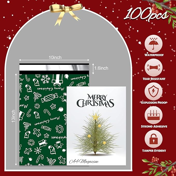 Christmas Poly Mailer 10x13 Inch 100 Pcs, Waterproof Shipping Bags for Clothing, Tear-Resistant Mailier Bags, Strong Mailing Bags with Self-Seal - Green Merry Christmas
