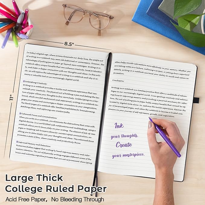 College Ruled Notebook, A4 Hardcover Leather Notebook for Work, Lined Notebook Journal for Women, Men, 192 Thick Paper, Lay Flat, Large Notebook with 2 Pockets, Professional Business Notebook, Black