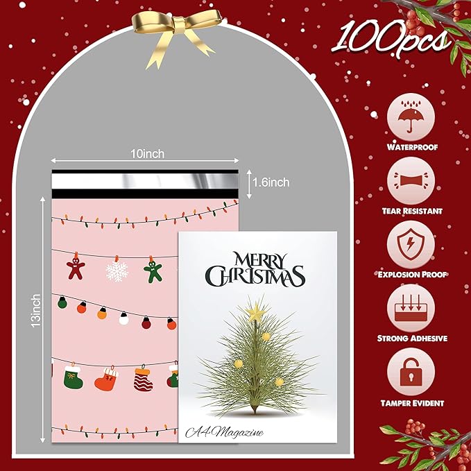 Christmas Poly Mailer 10x13 Inch 100 Pcs, Waterproof Shipping Bags with Self-Seal - Tear-Resistant, Christmas Lights Printed
