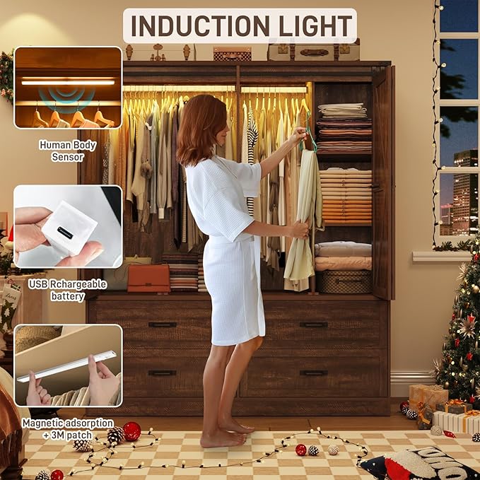 Farmhouse 4 Doors Armoire Wardrobe Closet w/Folding Sliding Barn Door and Lights, LED Armoire Closet w/Drawers for Bedroom, Freestanding Wooden Wardrobe Storage Closets w/Hanging Rod,Rustic Brown