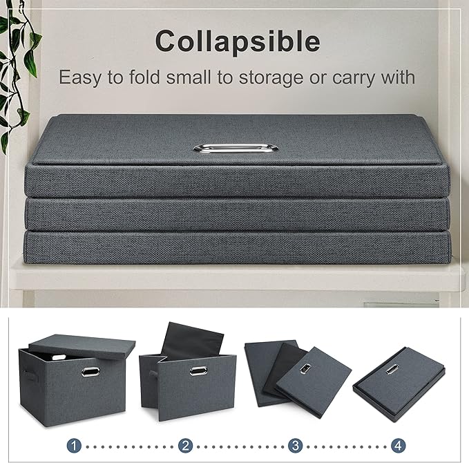 Large 17" 36 Quart Collapsible Stackable Storage Bins with Lids, 5 Packs Dark Gray Foldable Fabric Closet Storage Boxes with Lids Heavy-duty Linen Cube Baskets(17 x 12 x 11)