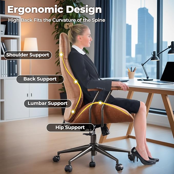 ovios Ergonomic Home Office Chair, Mid-Century Modern Faux Leather Chairs with Padded Armrests, Comfy High Back Swivel Rolling Executive Computer Armchair (Brown, Suede Leather)