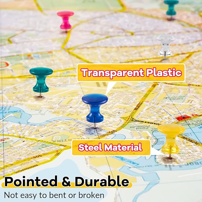 Outus 100 Pcs Giant Push Pins Large Thumb Tacks Plastic Heads 1 Inch Jumbo Push Pins for Cork Board Map Posters Office School(Rose Red, Clear, Dark Blue, Dark Green, Yolk Yellow)