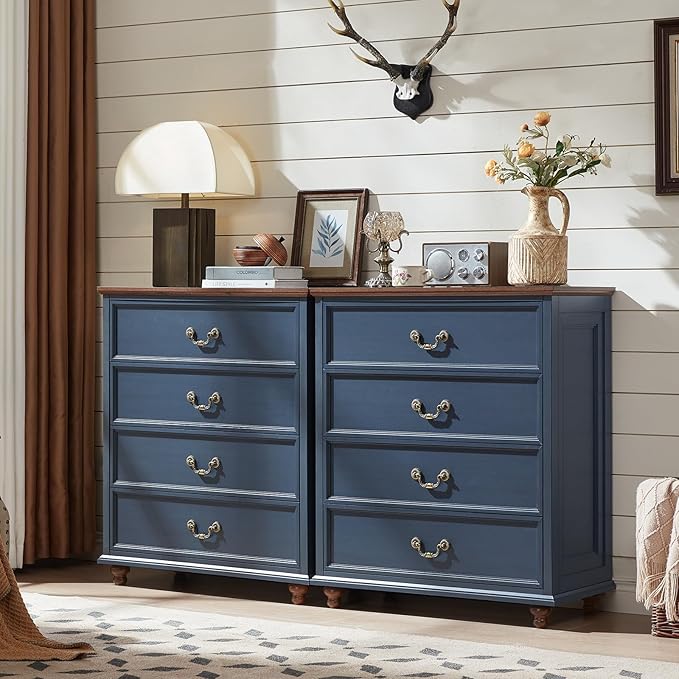 Farmhouse 4 Drawer Dresser for Bedroom, 37" Tall Rustic Chests of Drawers w/ 4 Solid Wood Feet, Mid Century Modern Wooden Closet Storage Dressers Organizer for Living Room, Hallway, Navy Blue
