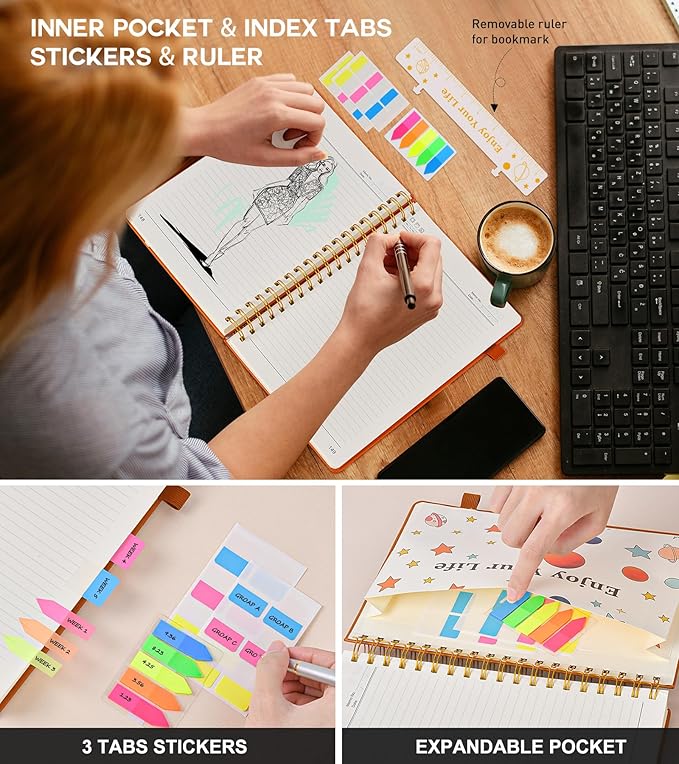 Large Spiral Notebook Journal for Women Men - 300 Numbered Lined Pages, College Ruled, A4 Hardcover Spiral Bound Notebook for School, Work, Note Taking, Writing, Leather Spiral Journal 8.5"x11"