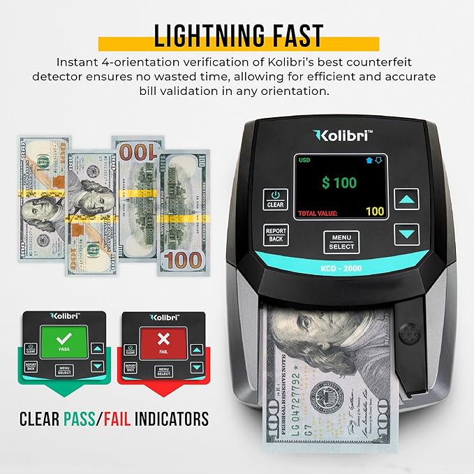 KOLIBRI KCD-2000 Advanced Counterfeit Bill Detector | All-Orientation Counterfeit Detection Bill Counter | Money Counter by Denomination | Detect Fake Bills Fast