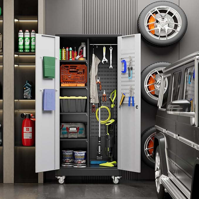 Garage Storage Cabinet with Wheels, Metal Tool Cabinet with Pegboards and 4 Adjustable Shelves, Garage Storage System with Lockable Door for Shools, Offices, Gyms and Pantries, Black and White