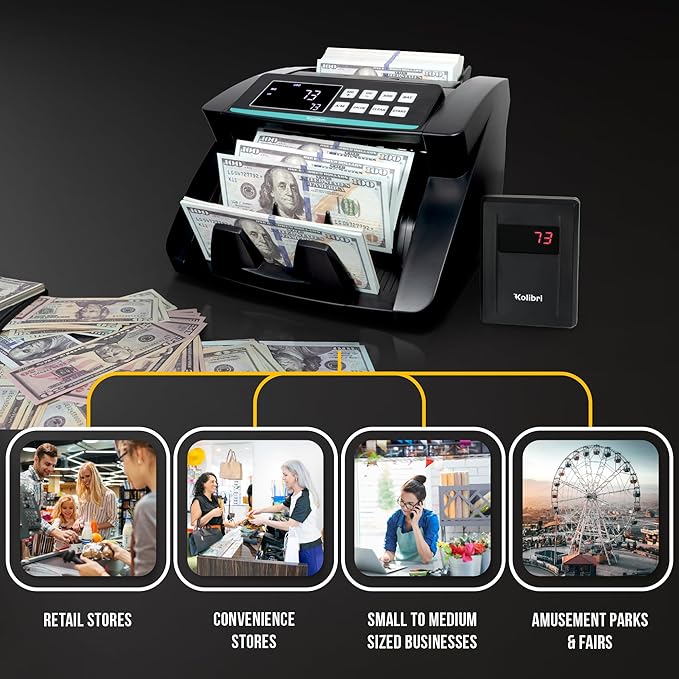 KOLIBRI Money Counter Machine with Advanced Fake Detection & LCD Display | 1,500 Bills per Minute Single-Denomination Cash Counter | Bill Counter Machine (US Customer Support)