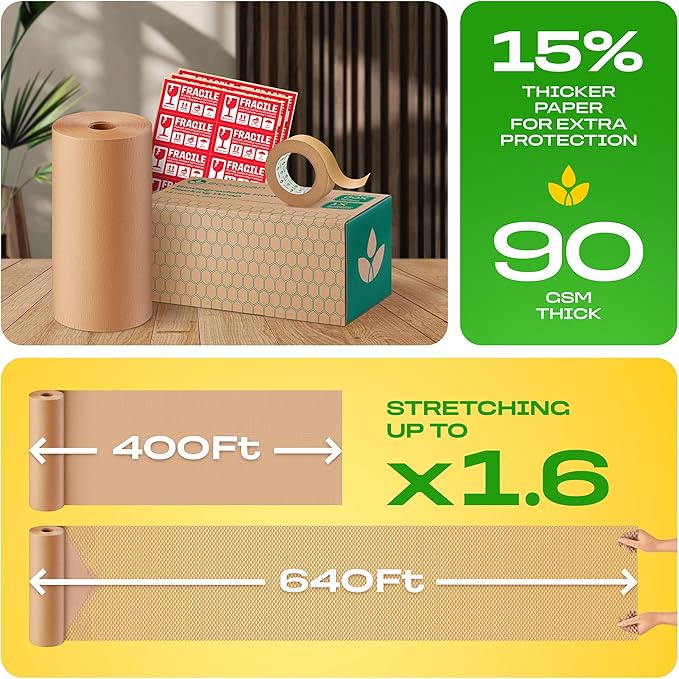 Honeycomb Packing Paper | Extra Thick 90 GSM Packing Wrap | Biodegradable Packing Materials: 12” x 400’ Moving Paper + 195’ Cellulose Adhesive Tape + 30 Fragile Stickers | Paper Bubble Wrap