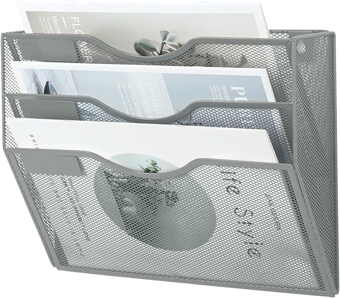 EASEPRES 3 Pocket Mesh Hanging Wall File Organizer, Wall Mounted Mail Paper Document Folder Holder, Clipboard Storage Organization Magazine Rack with Nametag Label for Office Home School, Gray