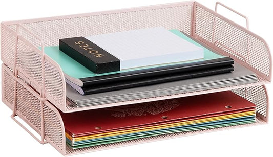 Mind Reader Stackable Paper Tray, Desktop Organizer, File Storage, Office, Metal Mesh, 13.25" L x 9.75" W x 6.25" H, 2 Pcs., Pink