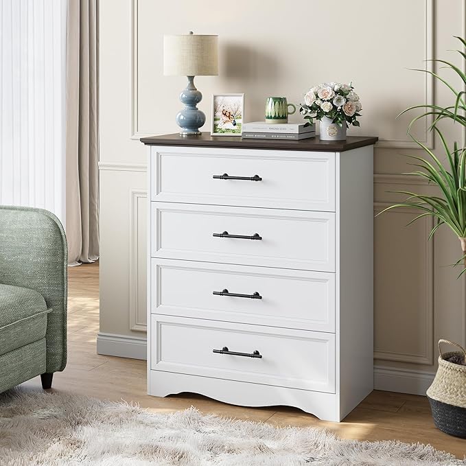 White Farmhouse Dresser for Bedroom, 36" Tall 4 Drawer Chest with Sleek Brushed Metal Handles, Modern Wood Storage Cabinet with Unique Base Design, Closet Organizer for Bedroom, Living Room, Hallway