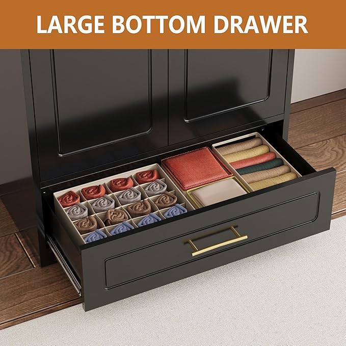 Metal Armoire Wardrobe Closet with Drawer, 71“ Tall Freestanding Wardrobe Cabinet with Doors and Shelves, Large Armoire with Hanging Rod, Clothes Cabinets for Bedroom, Black, Assembly Required