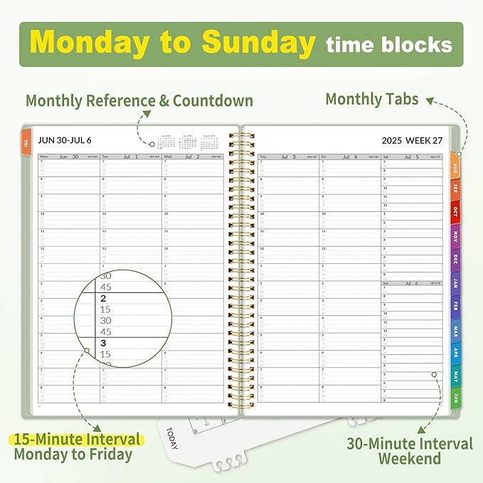 SUNEE 2025-2026 Appointment Book, Quarter-Hourly, Weekly & Monthly - from July 2025 to June 2026, 8.5"x11" Academic Planner, Flexible Cover, Note Pages, Pockets, Bookmark, Spiral Binding, Sage Green