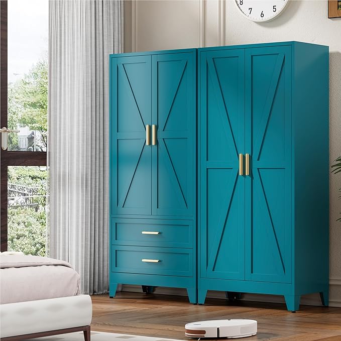 71'' Farmhouse Metal Wardrobe Cabinet with Hanging Rod, 2 Barn Door Wardrobe Closet with Adjustable Shelves,2 Drawer,for Dining Room,Bedroom,Living Room, Cloak Room,Office (Peacock Blue)