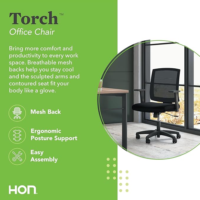 HON Torch Ergonomic Mid-Back Office Chair, Comfortable Fabric Seat Home Office Task Chair, Tilt-Tension Recline Control, 360 Rolling Swivel, Sculpted Fixed Arms