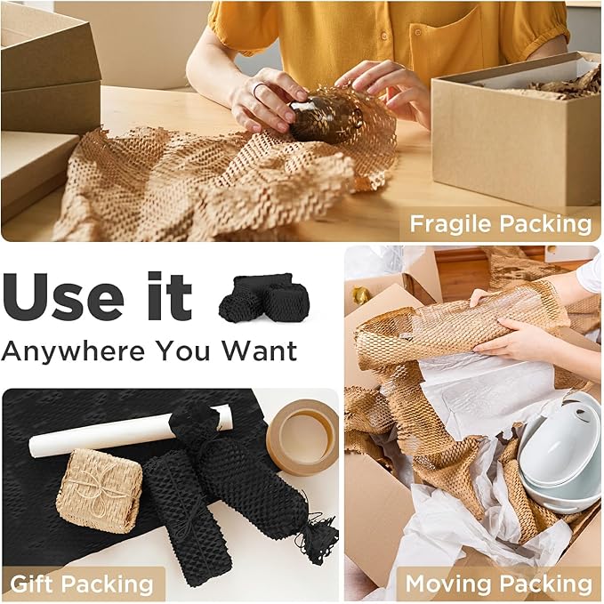 Honeycomb Packing Paper, 12"x300' Black | Perforated Honeycomb Packing Paper Recyclable Moving Supplies for Shipping & Moving | Plastic-Free Alternative to Bubble Cushion Wrap with 36 Fragile Stickers