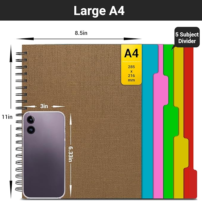 EUSOAR Spiral Notebook 5 Subject, 3pcs A4 11" x8-1/2 College Ruled Writing Pad, Thick Hardcover, 100GSM 120Sheets/ 240Pages of Lined Paper, for Journals, Students, Office and Business, Kraft
