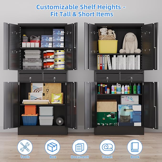 Garage Storage Cabinet with Wheels, Metal Storage Cabinet with 2 Drawers and 2 Adjustable Shelves, Metal Lockers with Pegboards for Homes, Offices, Kitchens, Schools and Pantries