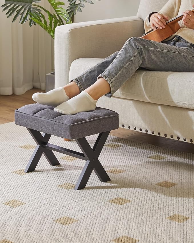 IBUYKE Small 12" H Footrest, Square Linen Foot Stool with Metal X-Leg, Multi-Use as Small Side Table, Step Stool for Living Room, Bedroom, Entryway, Office, Dark Gray WBD011G