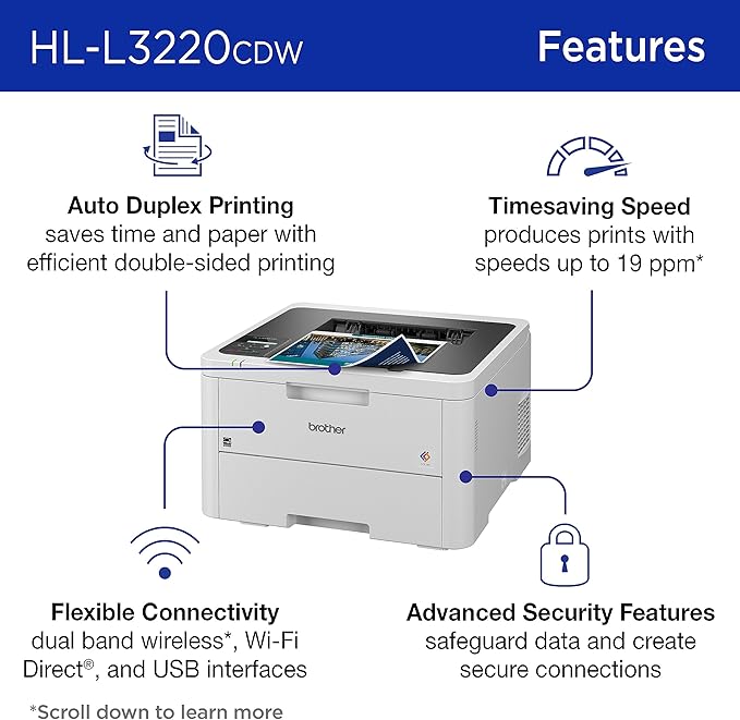 Brother Color Laser Printer with Wireless Printing Fast 19 PPM Output, Duplex Feature, Mobile Device Compatible, 250-Sheet Paper Tray for Professional Home Office Printing (HL-L3220CDW)