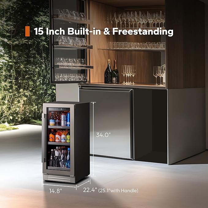 Ca'Lefort 15 Inch Beverage Refrigerator - 80 Can Small Beverage Fridge, Drink Fridge Glass Door 3 LED 34°F -54°F Beverage Cooler Built-in or Freestanding, Perfect for Home/Kitchen(3.0 cu.ft)