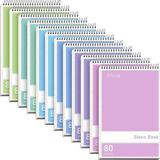 Steno Pads Spiral 6x9-12 Pack Pastel Colors - Perfect for Work, School, and Home Use, Easy Tear-Off Pages, Gregg ruled, White Paper - No Ink Bleeds - 80 Sheets