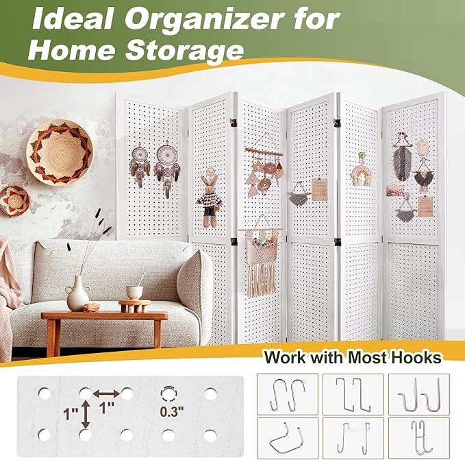 NicBex 6 Panel Pegboard Display,5.6FT Wood PegBoard Room Dividers,Folding Privacy Screens Portable Freestanding Display Board for Craft/Art Shows,Room Separation,White
