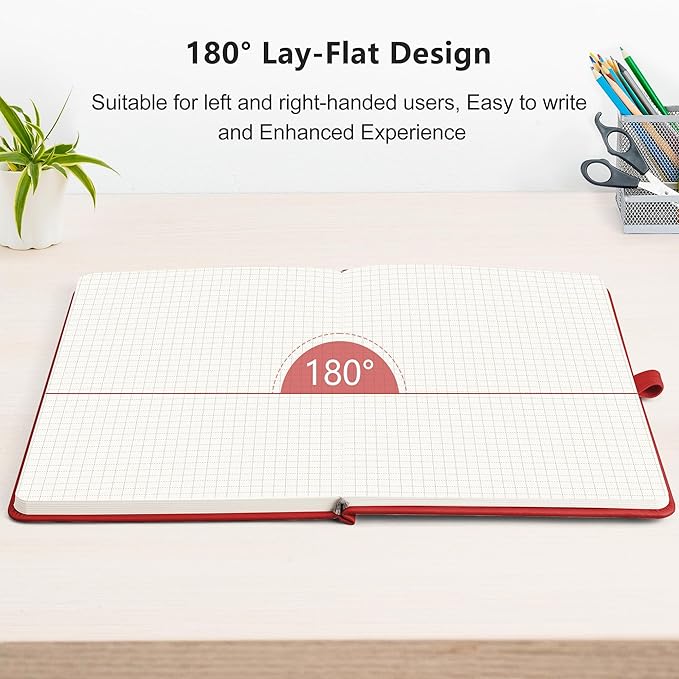 RETTACY Graph Grid Paper Notebook, 192 Pages, A5 Medium Size (5.7'' x 8.3''), 5 Squares per Inch, Leather Hardcover, 100 GSM Thick Paper, for School, Students, Math, Engineering (Red)