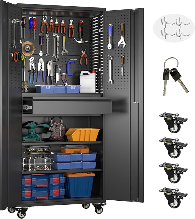 Aobabo Garage Storage Cabinet with Wheels, Metal Tool Storage Cabinet with 1 Drawer for Home,Assembly Required,Black