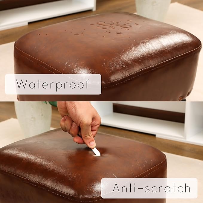 Ottoman Leather Foot Rest with Thicker Foam Padded Seat, Footstool with Wooden Legs (Brown)